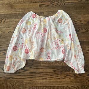White pink orange floral embroidered puff sleeve Maeve Anthropologie new blouse